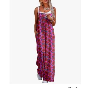 Luxveer Womens Pink Orange Floral Wide Leg Jumpsuit Sleeveless Size M